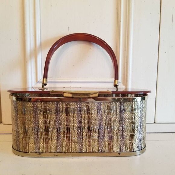 Vintage Lucite Bag Clear, Tortise & Gold Tinsel - Picture 1 of 10